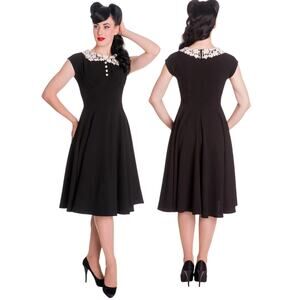 Hell Bunny Black Fit & Flare Crochet Collar Dress Pin-Up Retro Size M Medium